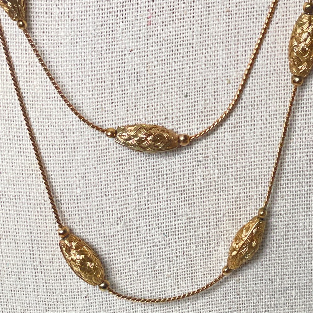 Vintage Gold Tone Filigree Bead Station Necklace 35” Long Box Chain